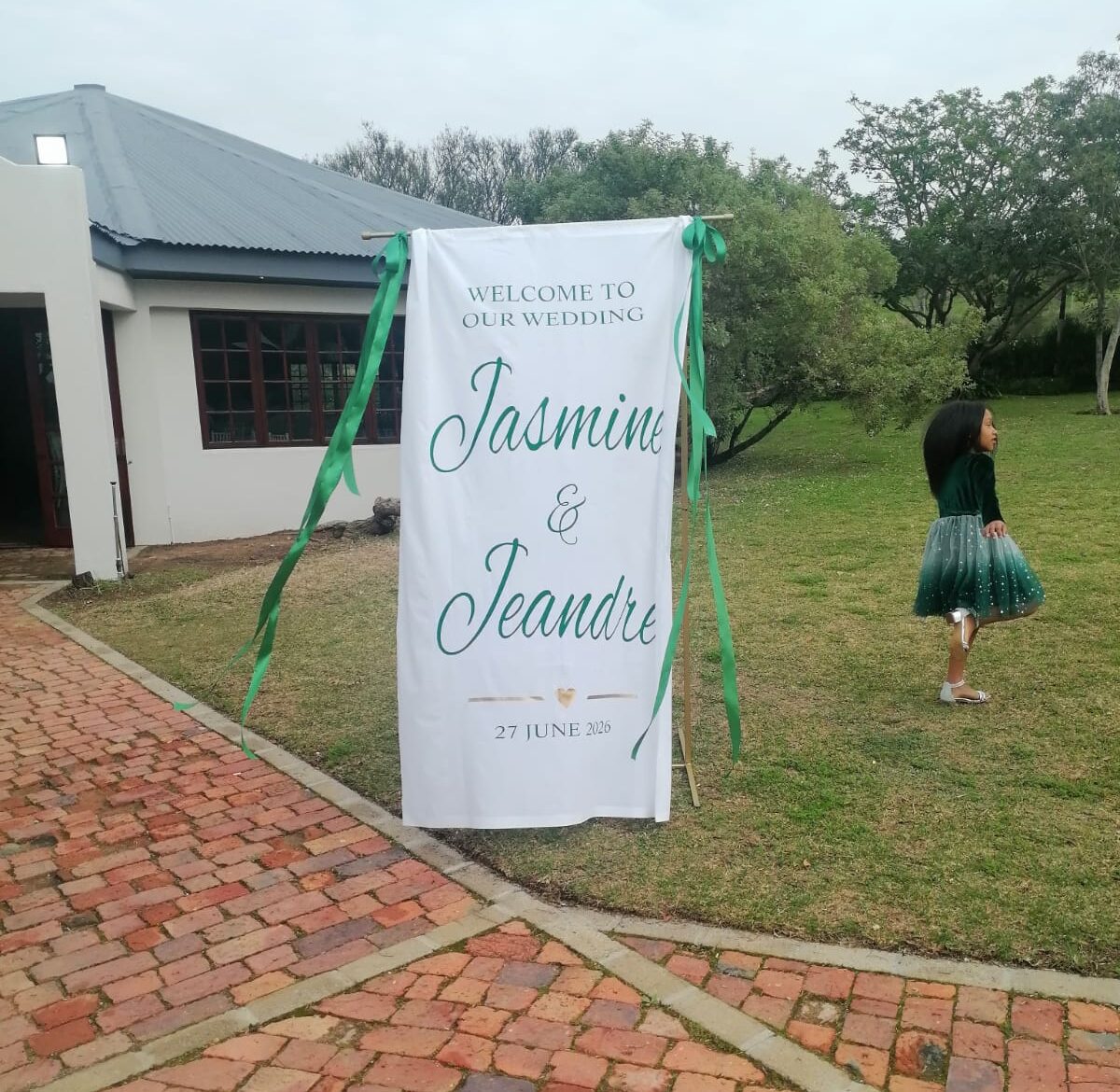 Personalised welcome wedding sign displayed outside the wedding venue at Mayerskraal.